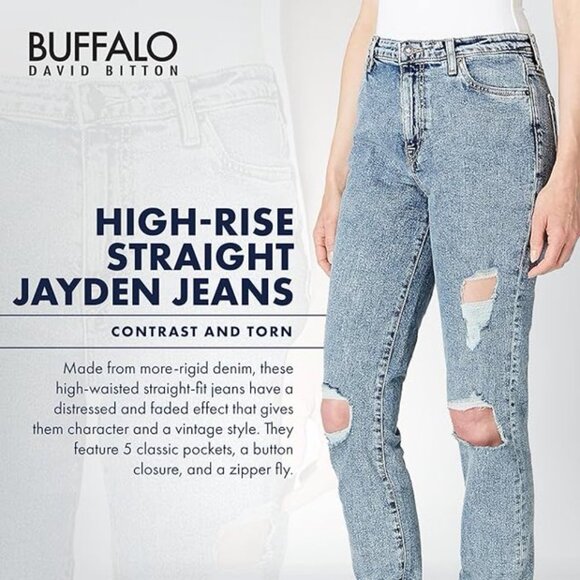Buffalo by David Bitton Hi-Rise Straight/Jayden Stretch Jeans | Torn | Size 30 - Picture 3 of 4